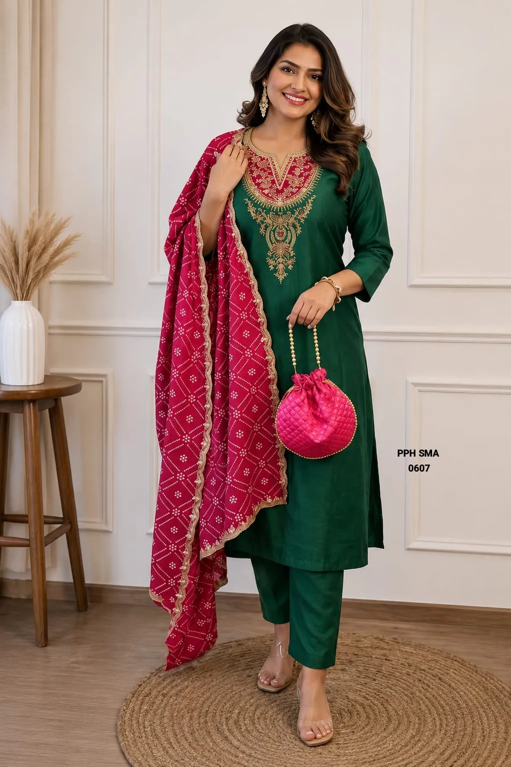 Off-White Embroidered Kurta with Magenta Bandhani Dupatta Set